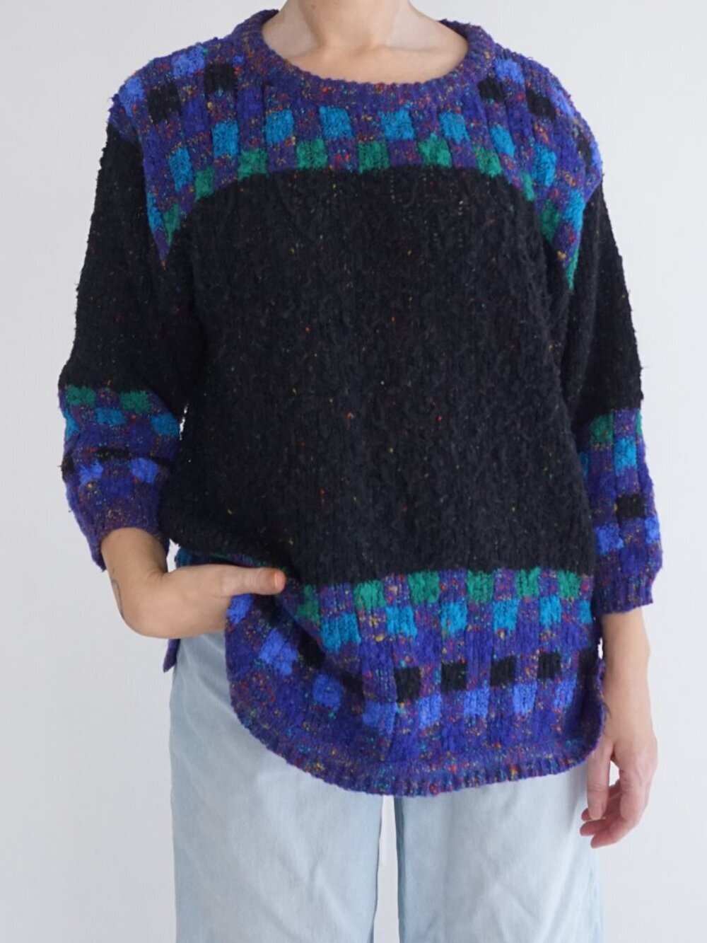 Vintage Black Knit Check Boucle Speckled Pocket Tunic Retro Shapes Sweater M